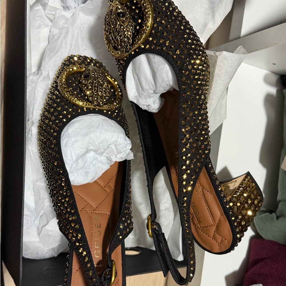 Kurt Geiger Black and Gold Studded Slingback Heels